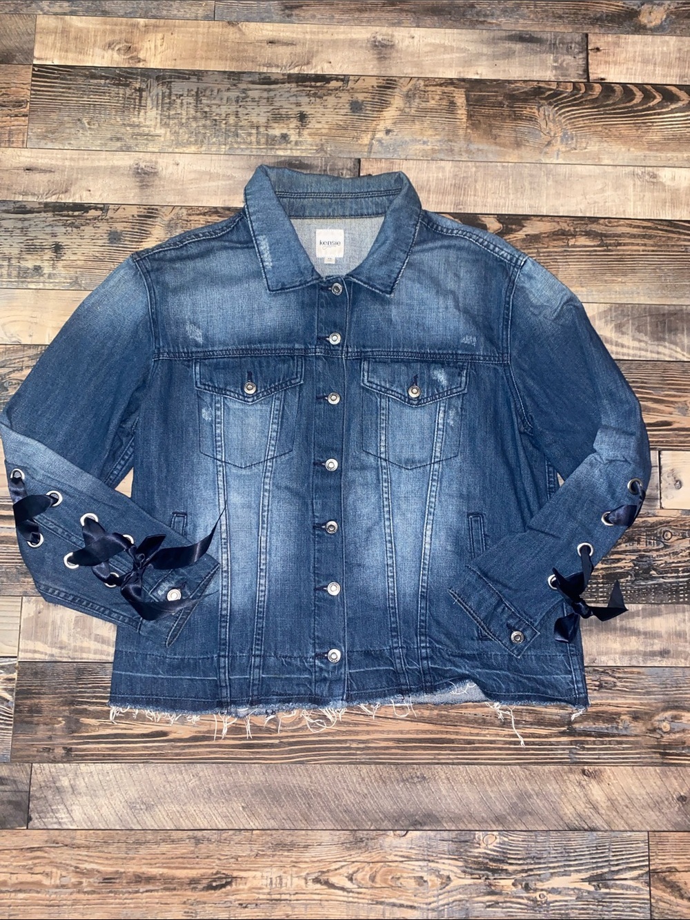 Denim Jacket with Ribbon Lace-Up Sleeves - Blue
